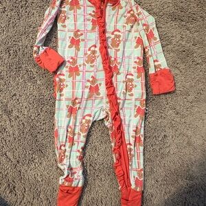 Gingerbread Print Kids One-Piece Footie Pajama - Mint and Red